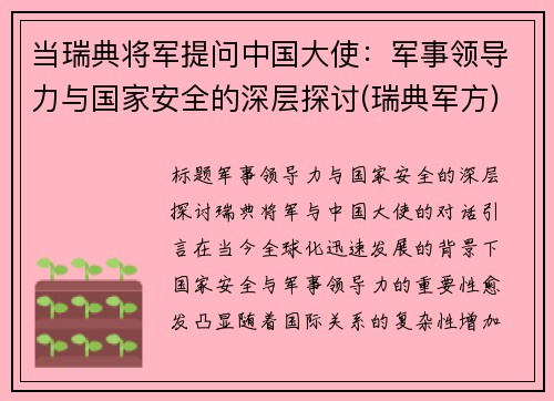 当瑞典将军提问中国大使：军事领导力与国家安全的深层探讨(瑞典军方)